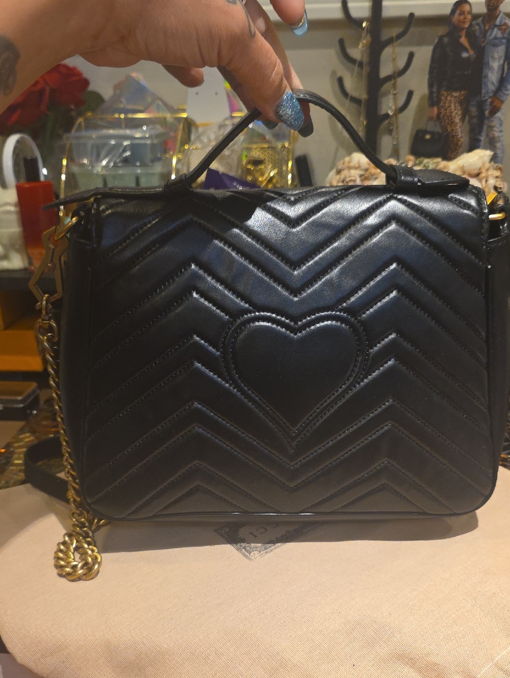Black Quilted Heart-Detail Shoulder Bag with Chain Strap